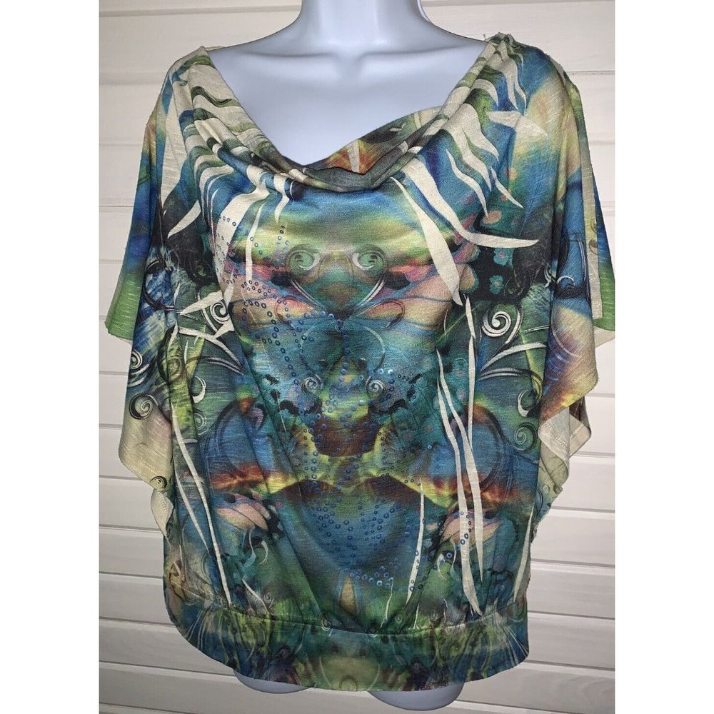 One World Sz MEDIUM Blue Green Draped Neck Tunic Top Butterflies Bling LEUC